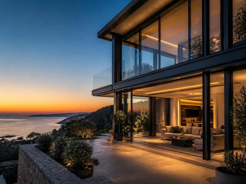 Alacakaranlıkta yerden tavana siyah alüminyum doğramalı deniz manzaralı villa